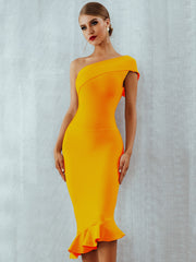 One Shoulder Sleeveless Ruffles Nightclub Celebrity Evening Party Mermaid Dresses