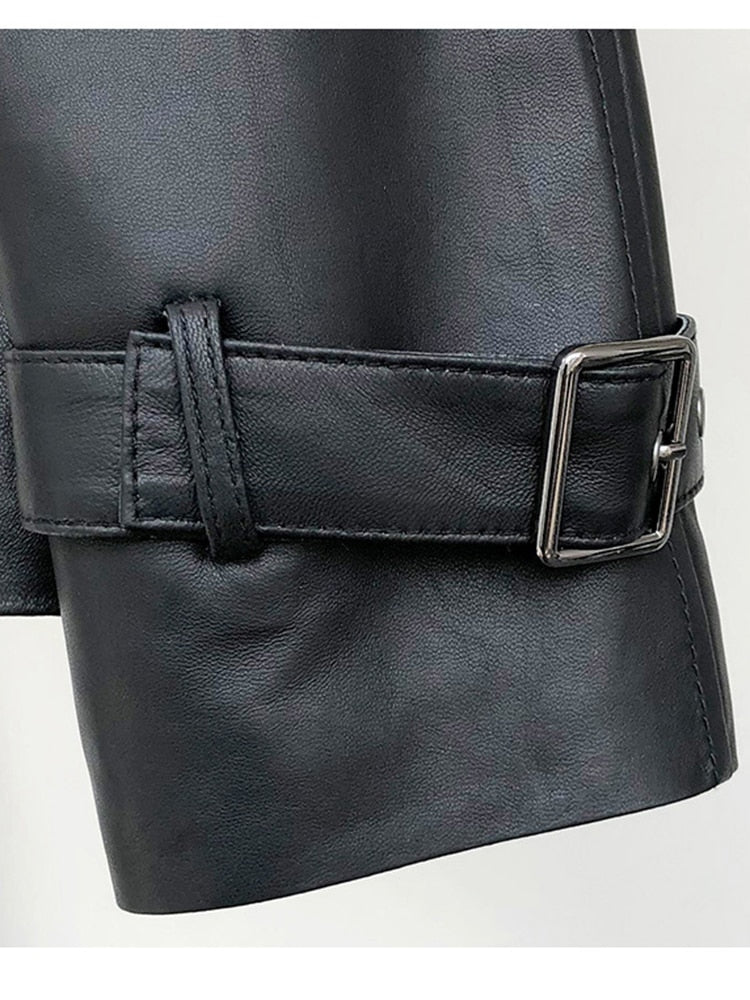 Spring Black Short Soft Faux Leather Trench Coat for Women Coats