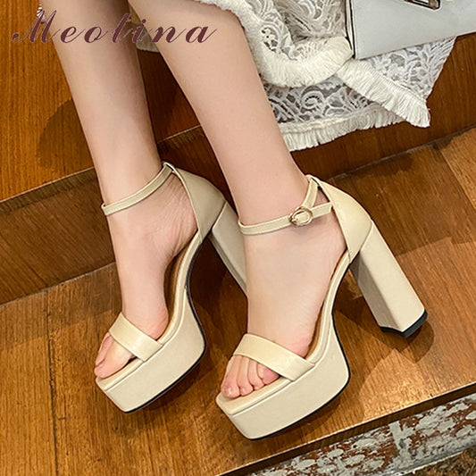 Shoes Women Genuine Leather Ankle Strap Sandals High Heel Platform