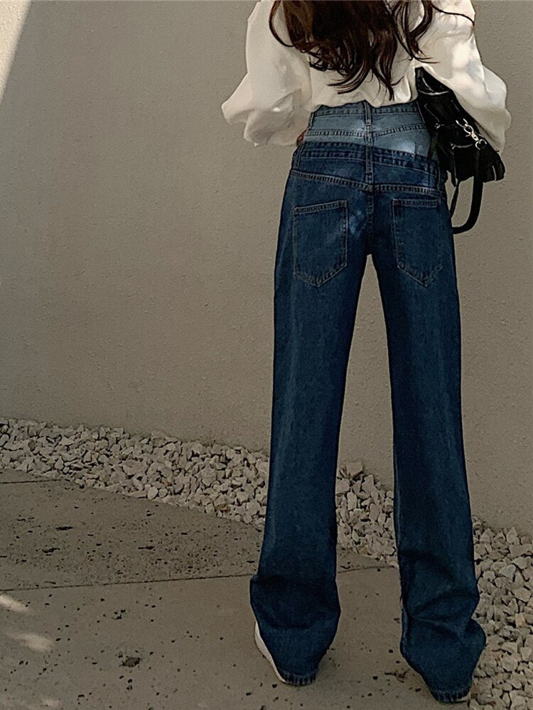 Stylish Fake Two Piece Jeans Women Patchwork Daddy Pants Female Baggy Jeans