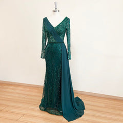 Evening wear Dresses: Evening Dress Long Sleeves V Neck Beaded Chiffon