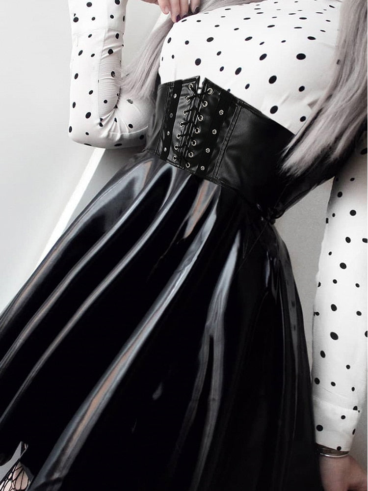 Women Skirts Gothic Harajuku Bandage Faux Leather Korean Fashion Black Mini