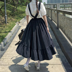 Women Skirt Preppy Style Strap Long Skirt Ruffles Loose Cute Student