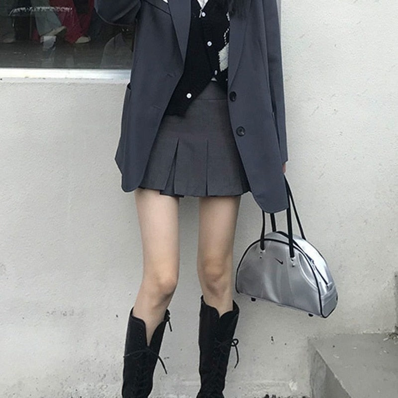 Vintage Gray Pleated Skirt Women Kawaii High Waist Mini Skirts Korean