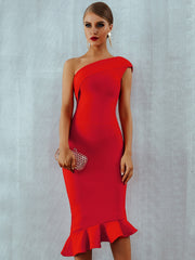 One Shoulder Sleeveless Ruffles Nightclub Celebrity Evening Party Mermaid Dresses