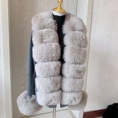 Women Faux Fur Knit Sweater cardigan Spring Autumn elegant Knitted sweater