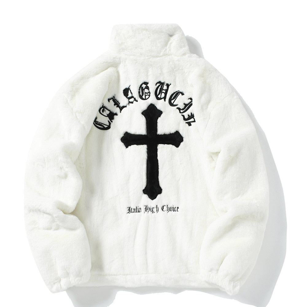 Men Rabbit Fur Jacket Coats Hip Hop Cross Letters Winter Fleece Jacket