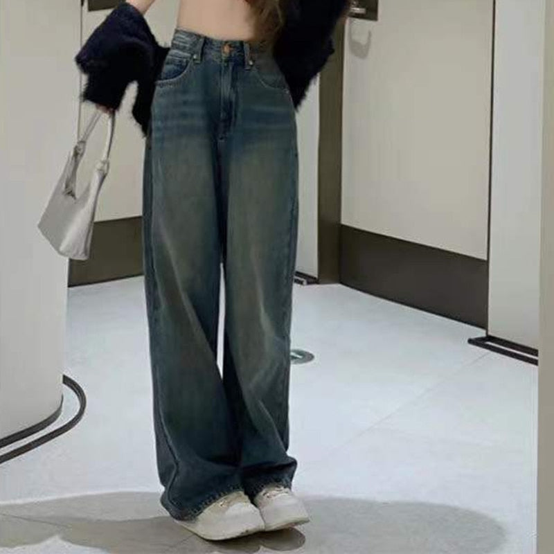 Vintage Wide Leg Cargo Jeans Women Autumn High Waist Bagge
