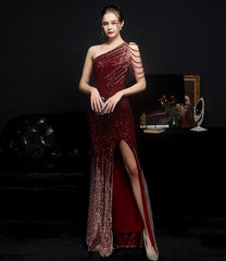 Evening wear Dresses: One Shoulder Split Evening Dress Long Sequins Mermaid