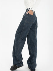 Dark Blue Womens Jeans High Waist Vintage Straight Baggy Denim Pants
