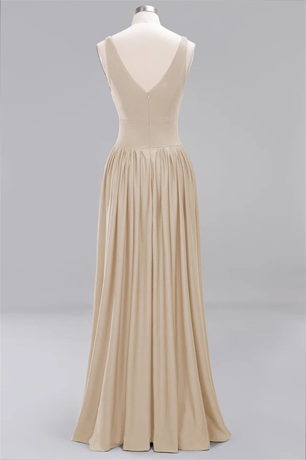 Homecoming Dresses: V Back Champagne Long Prom Dresses Real Photos Solid Prom