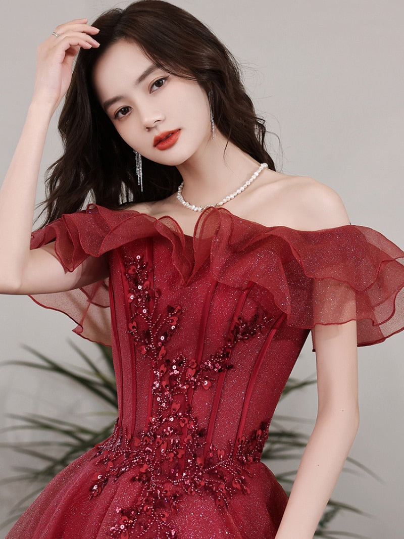 Homecoming Dresses: Wine Red Luxury Beadings Ruffle Long Prom Dresses Off-Shoulder