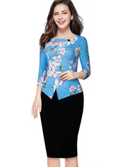 Nice-forever Autumn Print Floral Patchwork Button Casual Dress Business