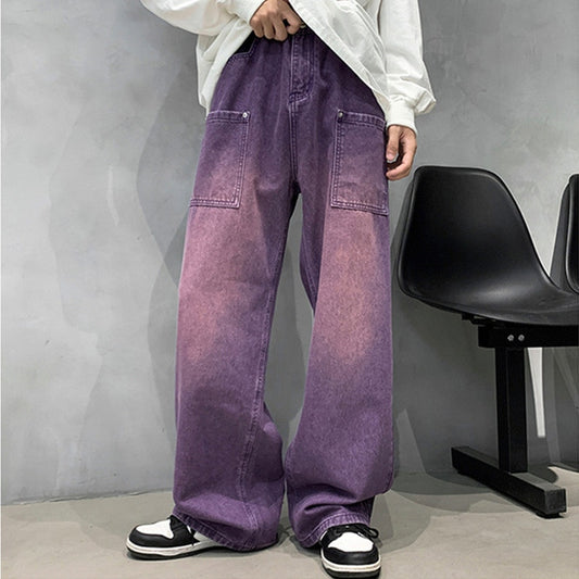 Purple Wide Jeans for Men Ins Fashion Hip Hop Denim Trousers Vintage Casual