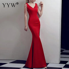 Evening wear Dresses: Gold Sequined V Neck Sleeveless Elegant Evening Dresses