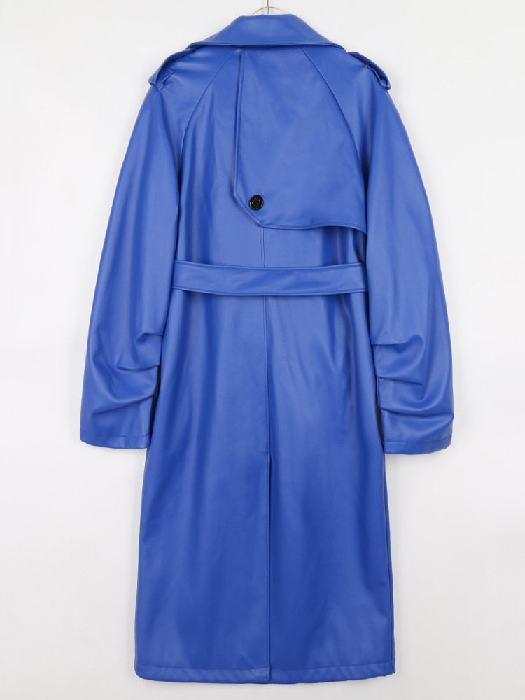 Spring Autumn Long Faux Leather Trench Coat for Women Belt Double