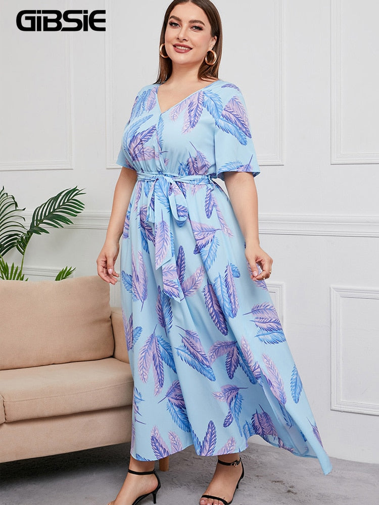 Plus Size V Neck Floral Print Boho Dress Women Summer Short Sleeve Maxi Dresses