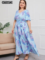 Plus Size V Neck Floral Print Boho Dress Women Summer Short Sleeve Maxi Dresses