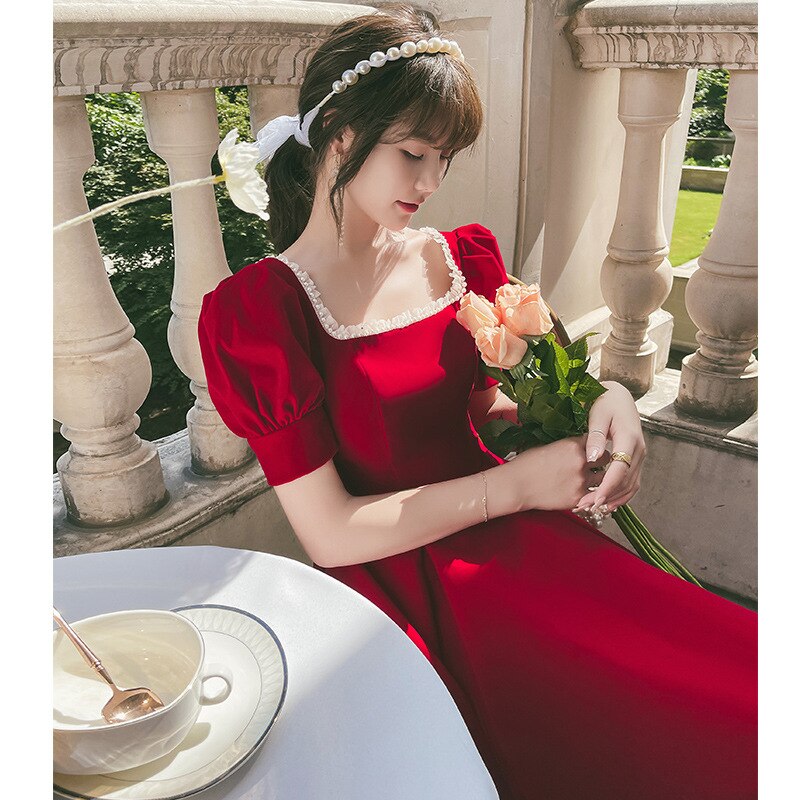 Homecoming Dresses: Red Prom Dresses Square Collar Puff Sleeve Backless
