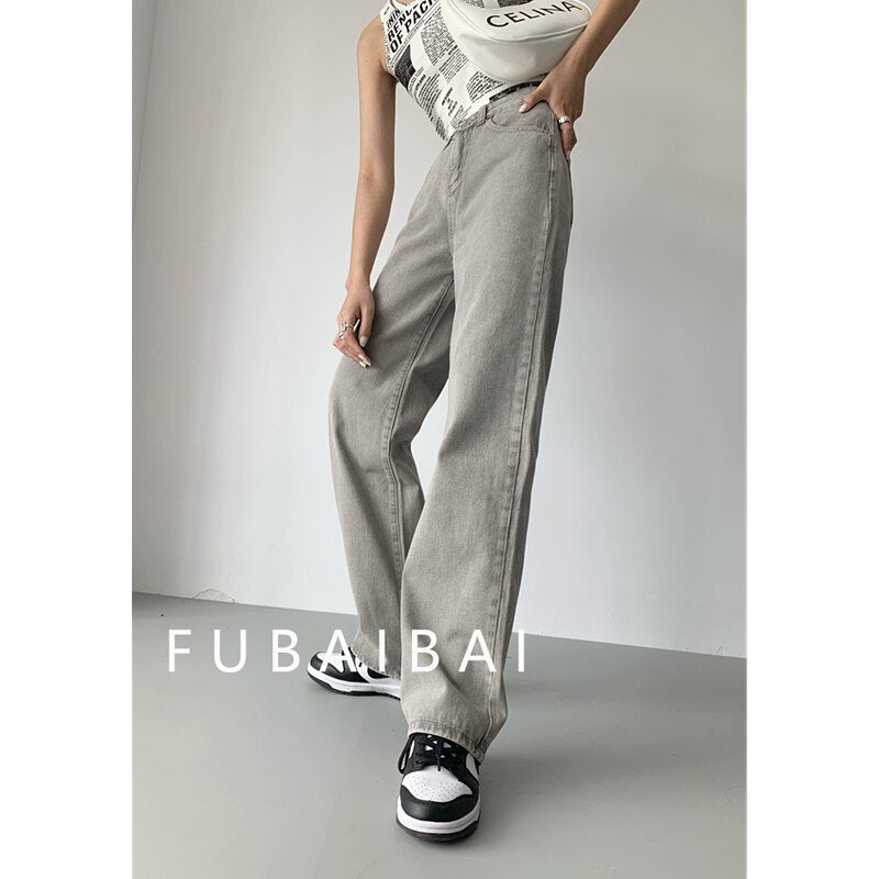 Grey Womens Jeans High Waist Vintage Straight Baggy Denim Pants Streetwear