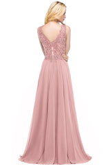 Homecoming Dresses: Pink Prom Dress V Neckline Lace Appliques Crystal Stones Beads