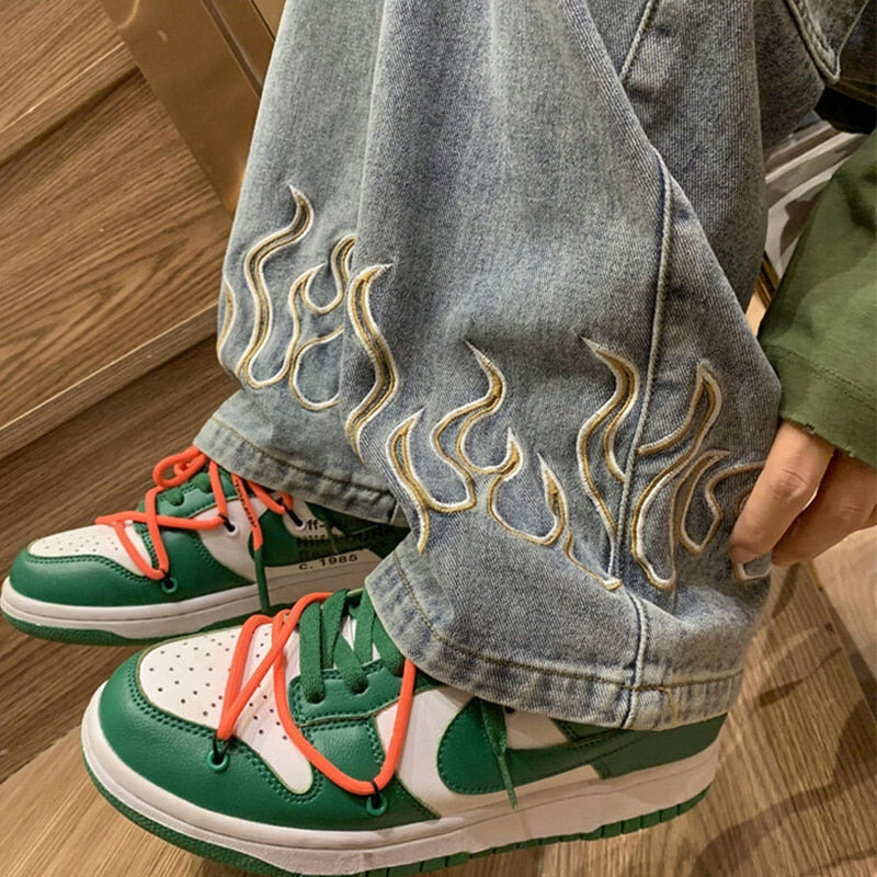 Men Retro Embroidery Flame Jeans Neutral Wide Leg Denim Trousers