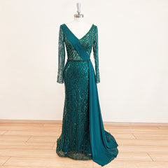 Evening wear Dresses: Evening Dress Long Sleeves V Neck Beaded Chiffon