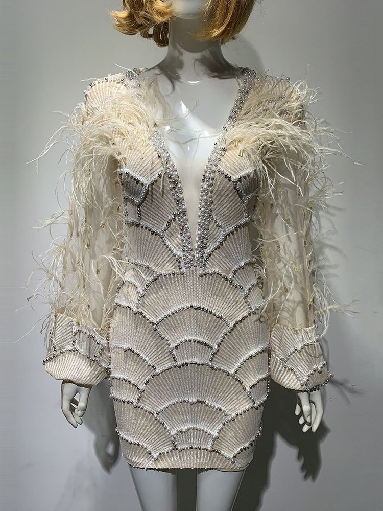 Women V-neck Beaded Dress Beaded Long Sleeve Feather Wine Dress