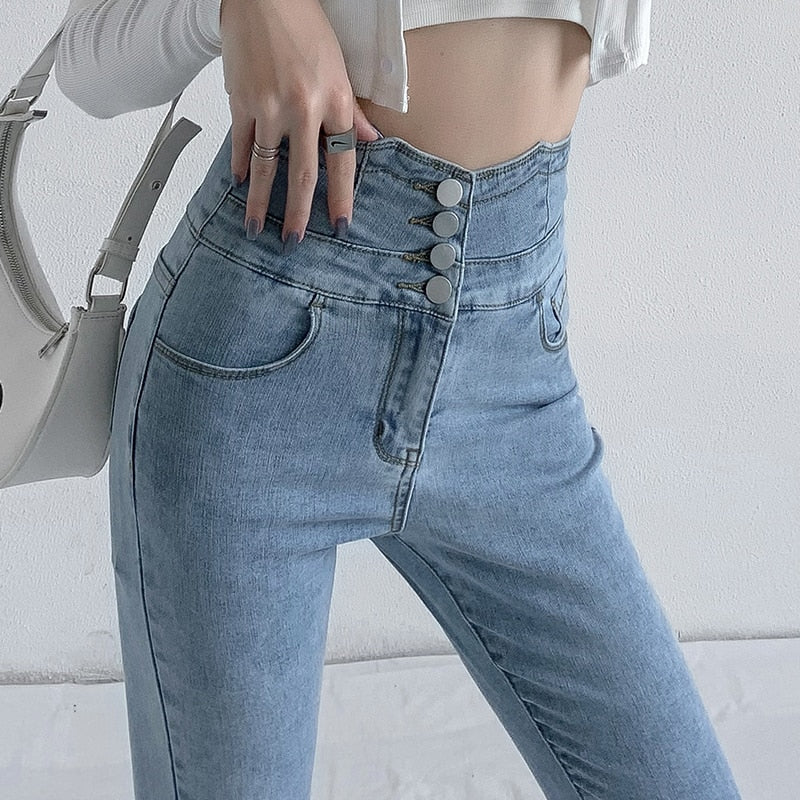 Skinny Pencil Jeans Four Buttons Vintage High Waist Women Slim