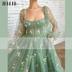 Homecoming Dresses: Mint Green Embroidered Lace Tulle Pastoral Prom Dress Puff
