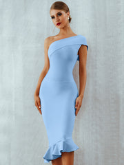 One Shoulder Sleeveless Ruffles Nightclub Celebrity Evening Party Mermaid Dresses