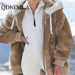 Spring and Autumn Loose Plush Zipper Hooded Jacket Women Coats