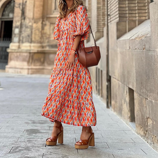 Puff Sleeve Boho Maxi Dress Elegant Women Summer Casual Floral Drawstring V-Neck