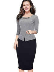 Nice-forever Autumn Print Floral Patchwork Button Casual Dress Business