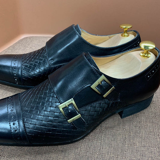 Luxury Classic Mens Wedding Dress Shoes Black Blue Real Leather Monk