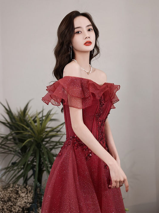 Homecoming Dresses: Wine Red Luxury Beadings Ruffle Long Prom Dresses Off-Shoulder