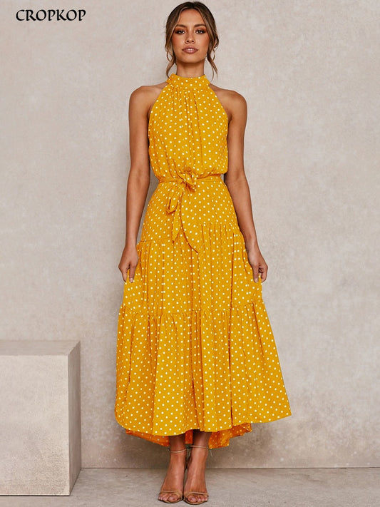 Summer Long Dress Polka Dot Casual Dresses Black Halter Strapless