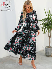 Elegant Floral Print Women Dress Spring Summer Casual O Neck Long Sleeve