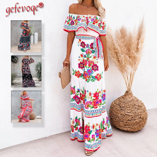 Summer Print Vintage Long Dresses For Women Off-Shoulder Ruffle