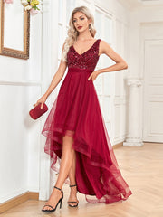 Evening wear Dresses: V-Neck Sleeveless Sequin Floor Length Evening Dress Red