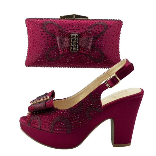 Rhinestone Chunky Heels with Matching Clutch Purse Ladies Shoes and Handbag