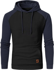 Men Hoodies Long Sleeve Plaid Jacquard Pullover Drawstring Kanga Pockets