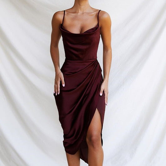 Swing Collar Split Satin Dress Summer Fashion Sling Temperament Folds