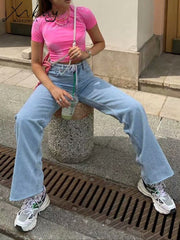 Straight Jeans Women High Waist Streetwear Light Blue Boyfriend Denim