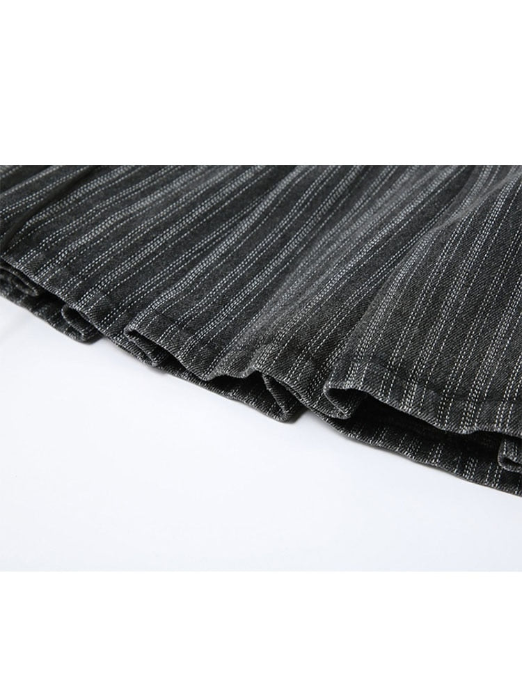 Pleated Skirt Women High Waist Grey Stripe Bandage Mini Skirts