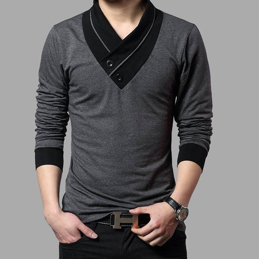 Fashion Brand Trend Slim Fit Long Sleeve T Shirt Men Patchwork Collar