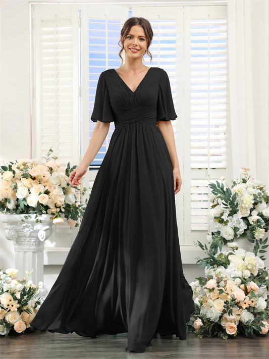 Evening wear Dresses: Half Sleeves Split Side Chiffon Bridesmaid Dresses