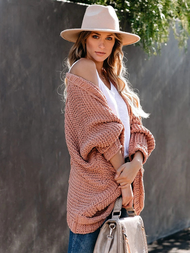 Sleeve BOHO Knitted Cardigan Pockets Holiday Oversize Winter Coat Twist Loose