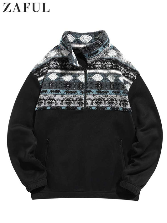 Hoodie for Men Fuzzy Faux Sherpa Zipper Sweatshirts Ethnic Print Fluffy