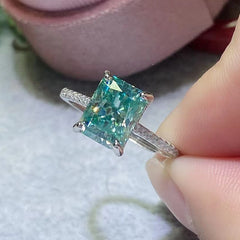 6*8MM Rectangular Green Crushed Ice Moissanite Ring with Certificate